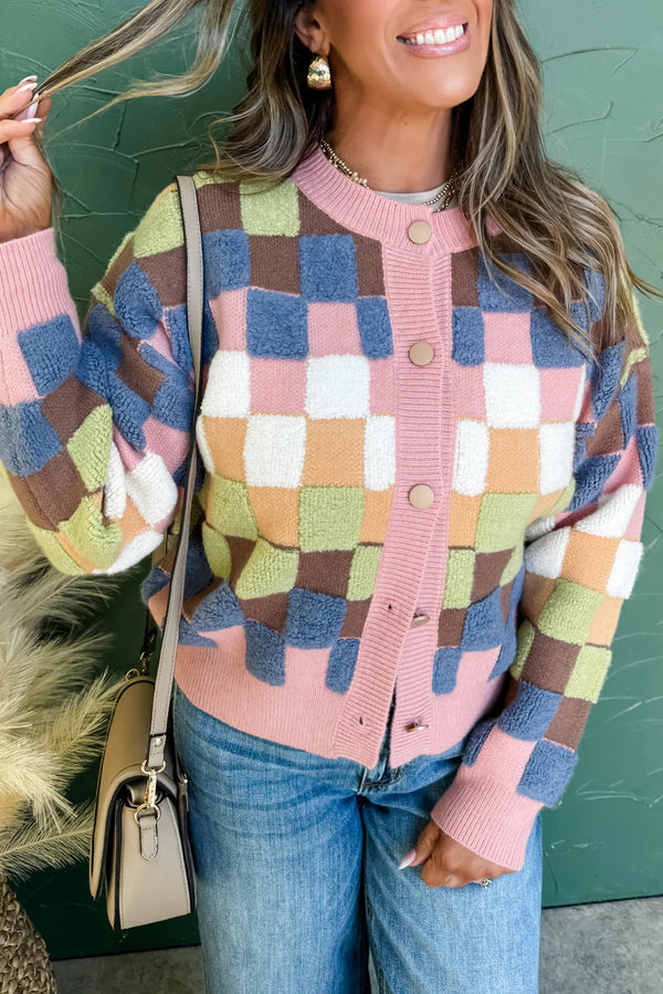 Multicolour Checkered Pattern Button Front Knit Cardigan