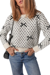 Beige Bow Decor Color Contrast Ribbed Edge Crew Neck Sweater