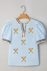 Beau Blue Sequin Baseball Set Contrast Leopard Trim Short Puff Sleeve Blouse
