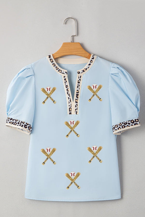 Beau Blue Sequin Baseball Set Contrast Leopard Trim Short Puff Sleeve Blouse