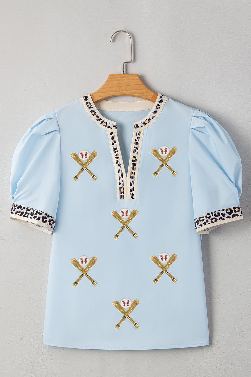Beau Blue Sequin Baseball Set Contrast Leopard Trim Short Puff Sleeve Blouse