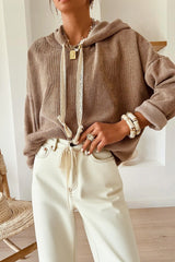 Rose Tan Thermal Textured Lace Drawstring Baggy Hoodie