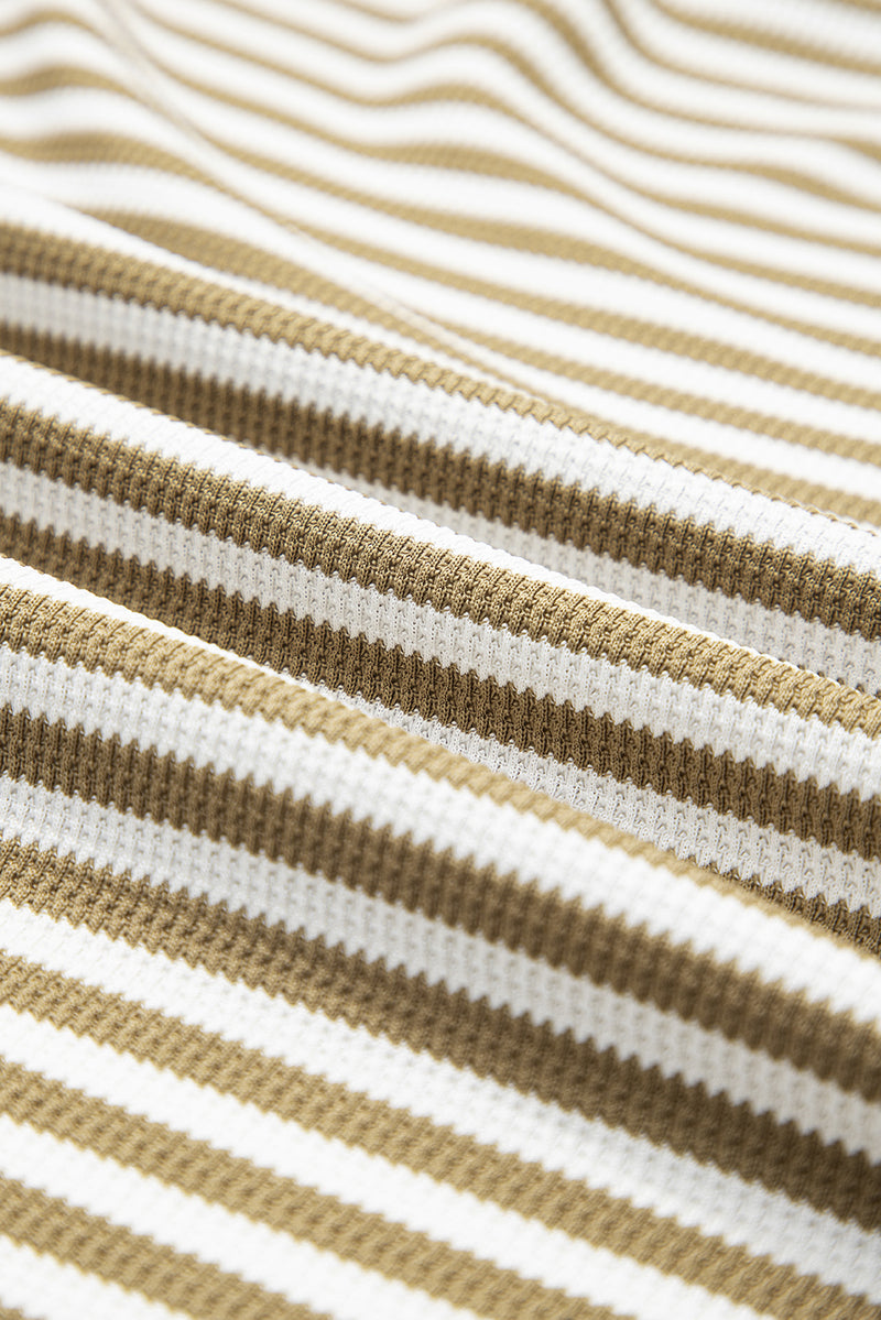 Khaki Stripe Patchwork Knit Drop Shoulder Top