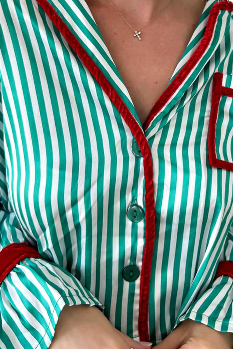 Red Striped Contrast Velvet Trim Knot Waist Pajama Set