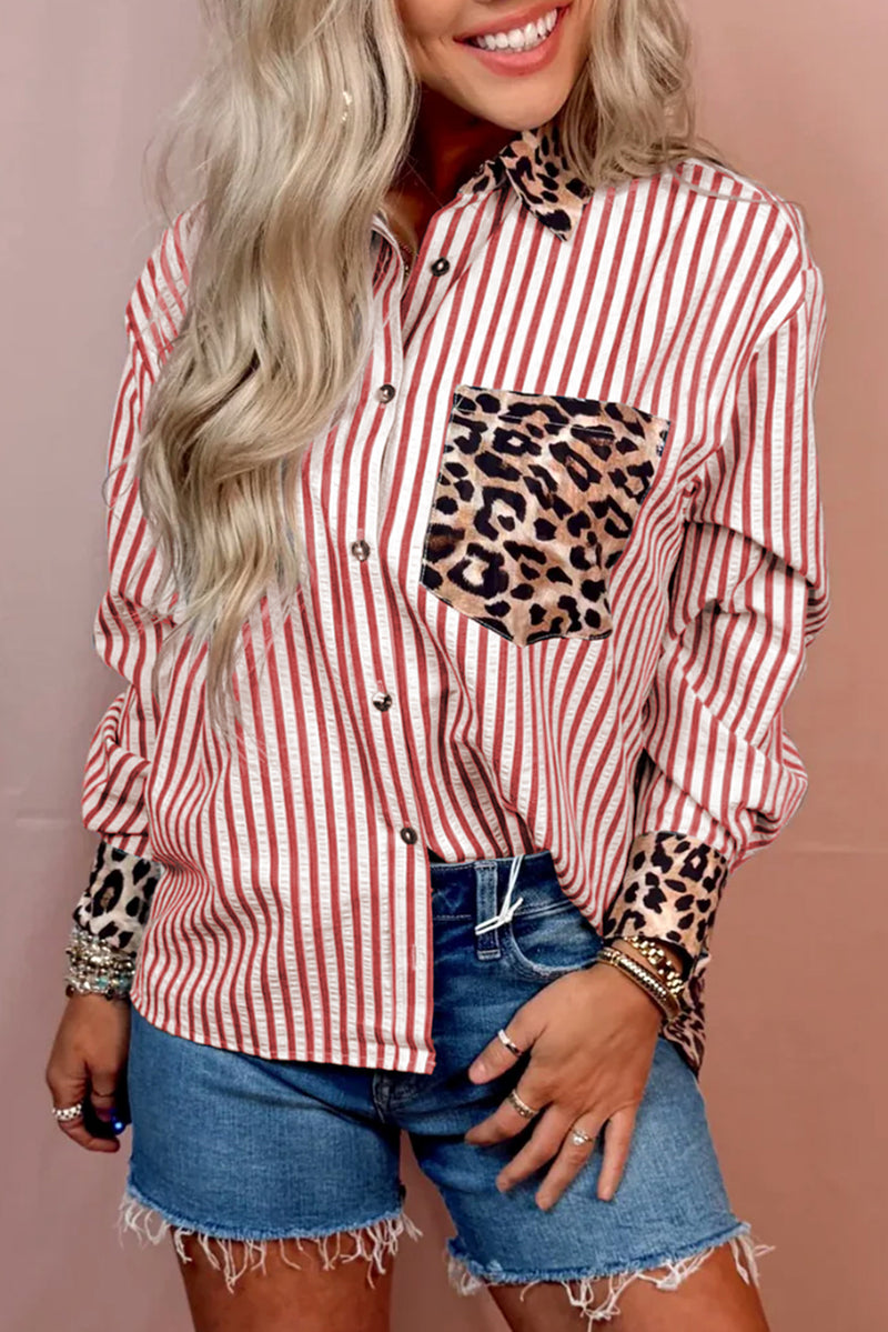 Black Leopard and Striped Patchwork Button Shirt