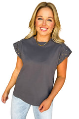 Black Casual Rivet Round Neck T Shirt