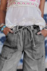 Prussian Blue Drawstring Seam Detail Raw Hem Wide Leg Jeans