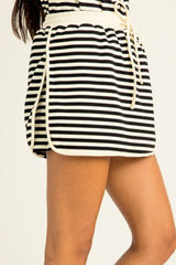 Black Stripe Textured Drop Shoulder Pullover Top Drawstring Mini Skirt Two Piece Dress Set
