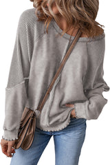 Black Solid Waffle Knit Patchwork Raglan Sleeve Sweatshirt