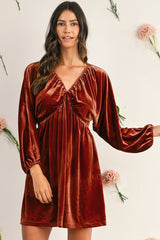 Clay Elastic V Neck Puff Sleeve Flowy Velvet Dress