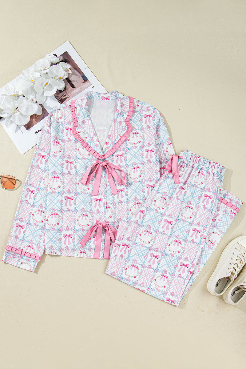 Pink Bow Wreath Pattern Christmas Holiday Bow Tie Front Pajama Set