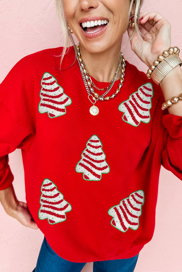 Red Playful Christmas Tree Patch Application Dropped Shoulder Sweatshirt