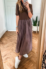 Black Short Sleeve Knit Top Patchwork Pleated Long Dress