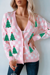 Pink Checkered Christmas Tree Pattern Button V Neck Knit Cardigan