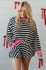Black Stripe Contrast Edge Pullover and Shorts Plus Size Set