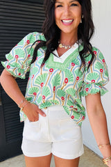 Green Floral Print Ricrac Trim Pop of Color V Neck Bubble Sleeve Blouse