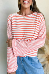 Pink Striped Textured Patchwork Drop Sleeve Top