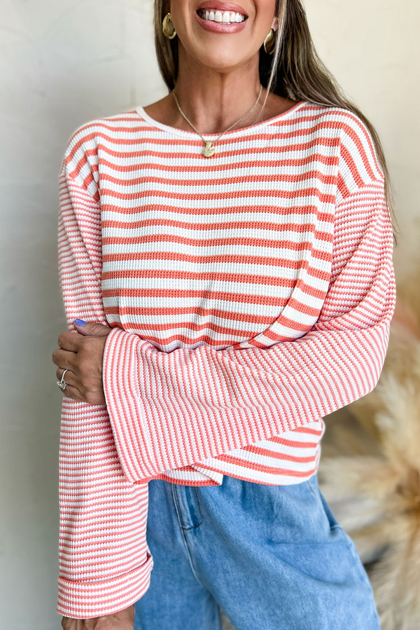 Pink Striped Textured Patchwork Drop Sleeve Top