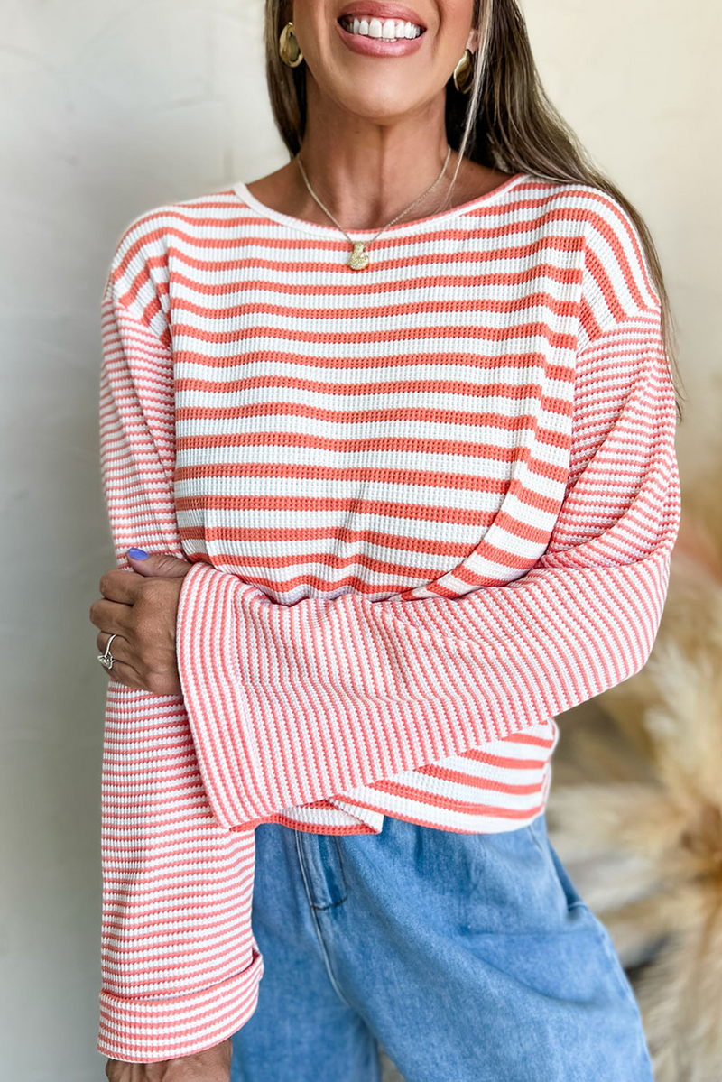 Pink Striped Textured Patchwork Drop Sleeve Top