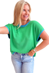Green Contrast Trim Round Neck Short Sleeve Loose Knit Top