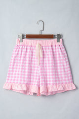 Sky Blue Gingham Print Ruffle Striped Detail Lace Tie Shorts