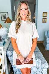 White Frilled Round Neck Short Puff Sleeve Shift Mini Dress