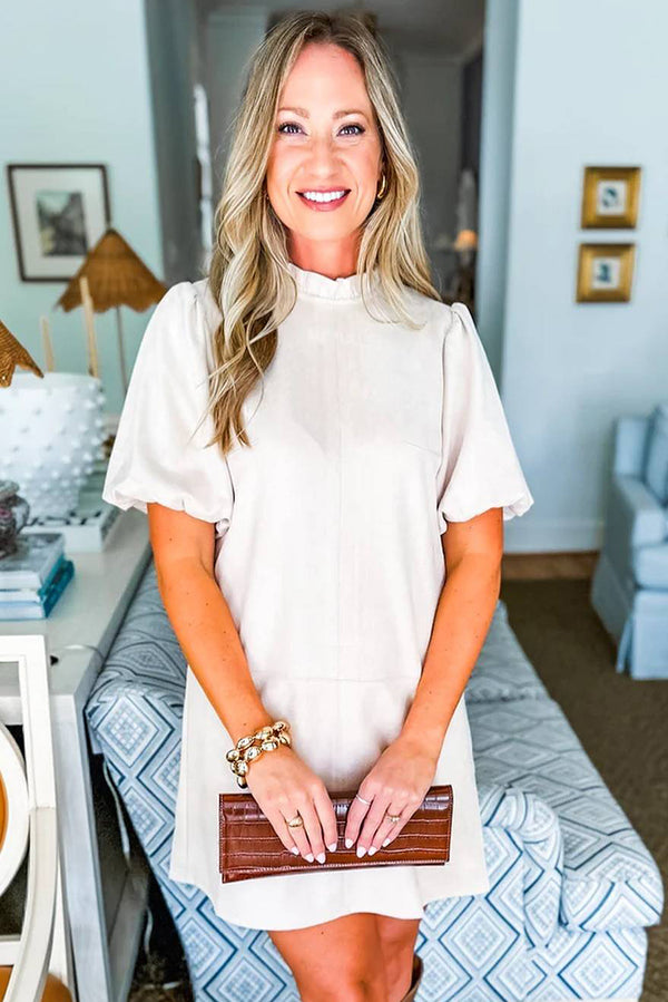 White Frilled Round Neck Short Puff Sleeve Shift Mini Dress