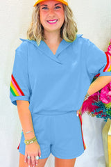 Sky Blue Rainbow Striped Collared Short Sleeve Top and Shorts Set