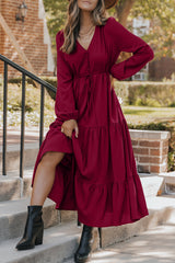 Chestnut Solid Long Sleeve Button V Neck Tiered Maxi Dress