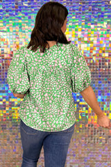Green Plus Size Leopard Tassel Tie Split Neck Puff Sleeve Blouse