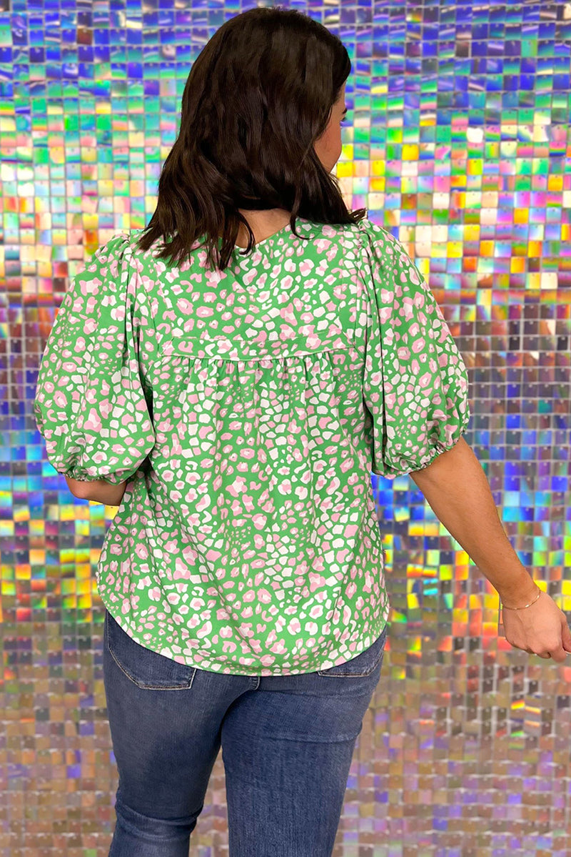 Green Plus Size Leopard Tassel Tie Split Neck Puff Sleeve Blouse