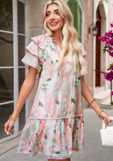 Pink Floral Contrast Edge Ruffle Sleeve Tie Neck Mini Dress
