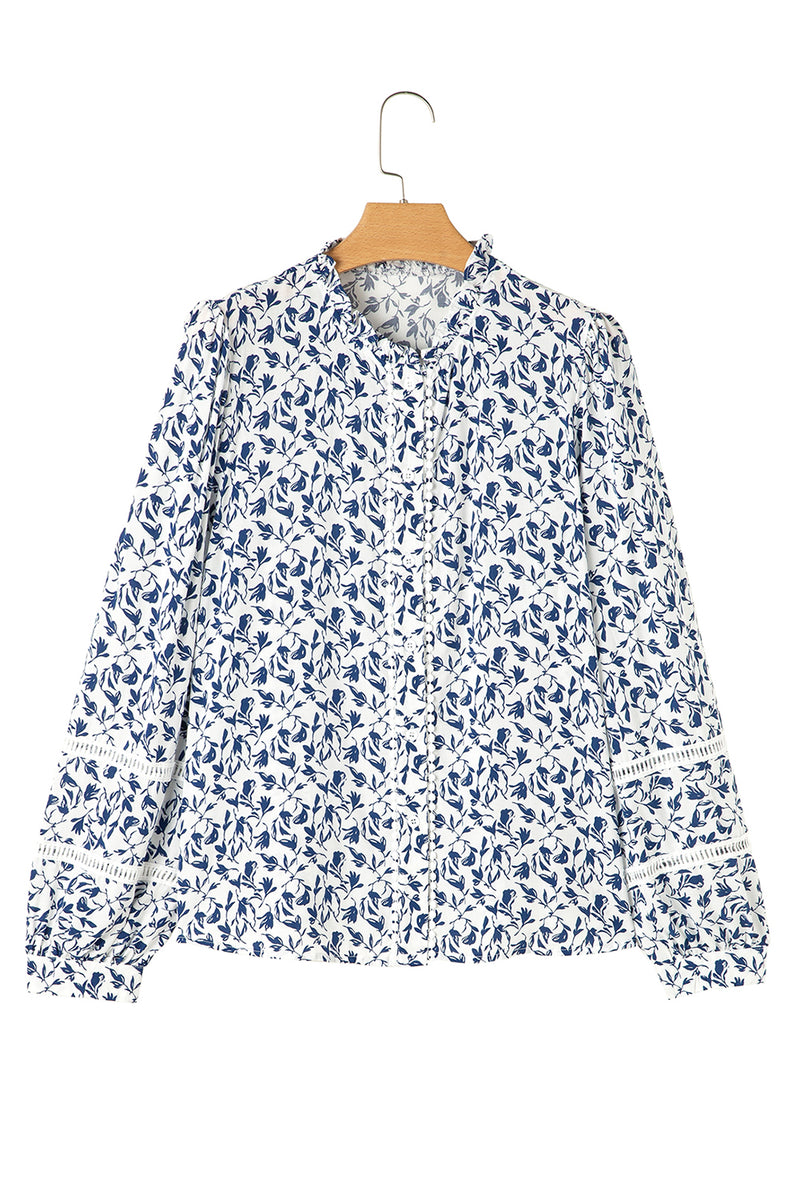 Khaki Printed Floral Print Lace Detail Puff Sleeve Fall Shirt
