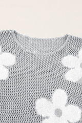 Sea Green 60s Flower Drop Shoulder Hollow Knit Top