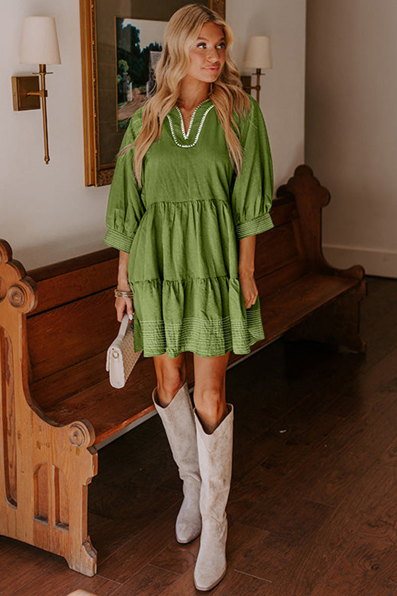 Jungle Green Contrast Stitched V Neck 3/4 Sleeve Swing Mini Dress