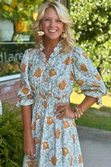 Brown Floral Printed Frilled V Neck Bracelet Sleeve Long Dress