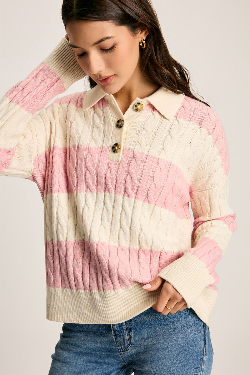 Pink Colorblock Button Collar Twisted Cable Knit Sweater