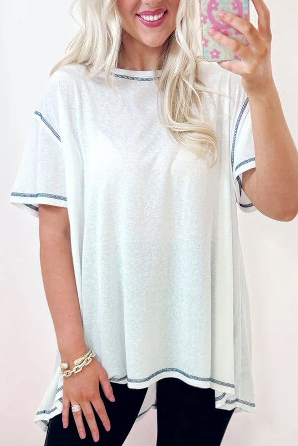 White Loose Casual Stitching Seam T-Shirt