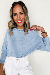Beau Blue Solid Color Boat Neck Batwing Long Sleeve Top