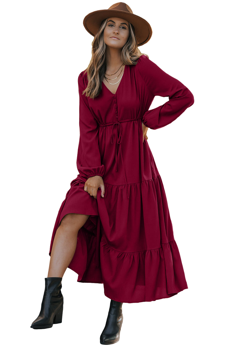 Chestnut Solid Long Sleeve Button V Neck Tiered Maxi Dress
