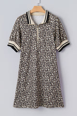 Khaki Leopard Print Zip Neck Striped Webbing Patchwork T Shirt Mini Dress