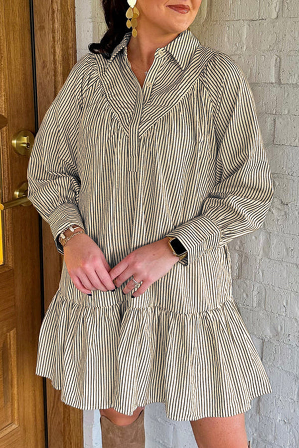 Black Striped Shirt Collar Ruffle Hem Long Sleeve Dress