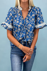 Blue Floral Print Button Tie Neck Striped Detail Short Sleeve Blouse