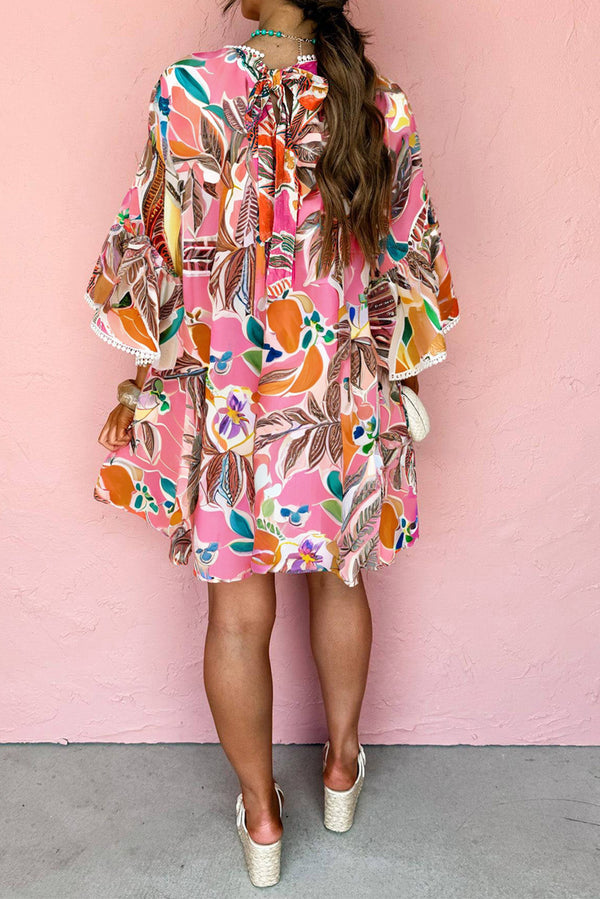 Pink Palm Paradise Floral Bell Sleeve Loose Mini Dress