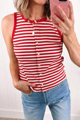 Red Stripe Buttoned Ribbed Knit Tank Top