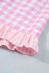 Sky Blue Gingham Print Ruffle Striped Detail Lace Tie Shorts