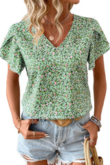 Green Boho Floral V Neck Short Sleeve Blouse