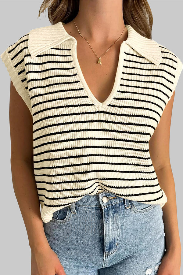 Beige Stripe Turn-down Collar Sleeveless Knitted Top