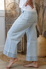Sky Blue Striped Button Flap Pocket Cuffed Hem Wide Leg Jeans