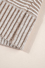 Light French Beige Striped Print Ribbed Knit Raglan Sleeve Baggy Sweater
